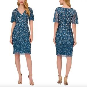 NWT Adrianna Papell cerulean blue beaded sequin floral short sleeve mini dress